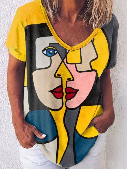 

Casual Long Sleeve Abstract Print Shirt, Yellow, T-Shirts