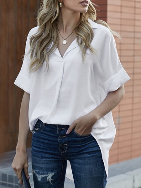 

Short Sleeve Simple & Basic Solid Shirt Collar Top, White, Blouses and Shirts