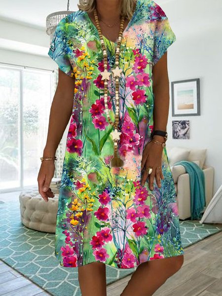 

Scollo a V A-line Maniche Corte Abito, Blu, Summer dresses