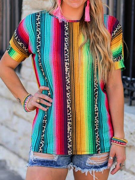 

Short Sleeve Crew Neck Shift Printed T-shirt, Blue, T-Shirts