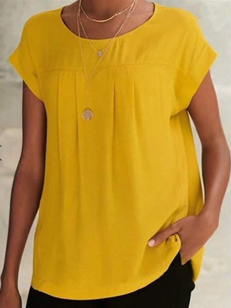 Plain Ruched Cotton Short Sleeve Shirts & Tops, Yellow, Printed T-shirts