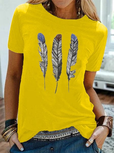 

Feather Printed Casual Crew Neck T-Shirts, Yellow, T-Shirts