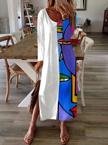 

Fashion Round Neck Long Sleeve Stitching Color Printing Dress, White, Dresses