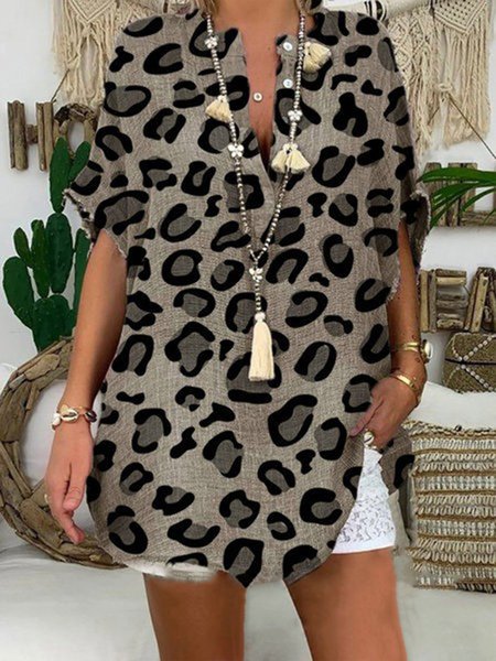 

Leopard Printed V-neck Half Sleeve Shift Casual Cotton Tops, A
