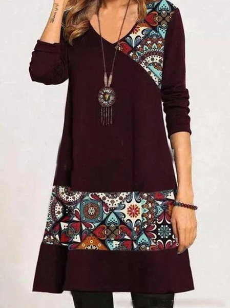 

Tribale Maniche Lunghe Abito, Vino rosso, Casual Dresses