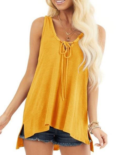 

Crew Neck Cotton-Blend Sleeveless Casual Shirts & Tops, Yellow, Tank Top