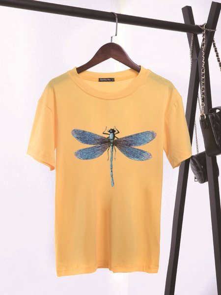 

Vintage Dragonfly Printed Plus Size Short Sleeve Crew Neck Casual Tops, Yellow, Printed T-shirts