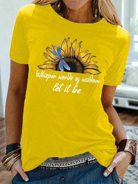 

Sunflower Dragon-fly Print Crew Neck Short Sleeve Casual T-Shirts, Yellow, T-Shirts