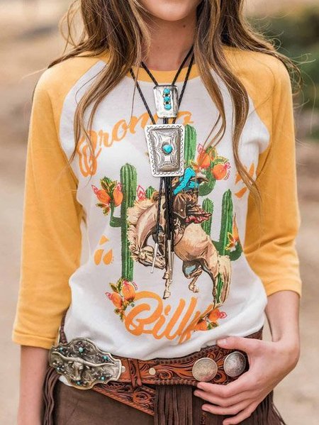 

3/4 Sleeve Cotton-Blend Crew Neck Printed Shirts & Tops, Yellow, Tops
