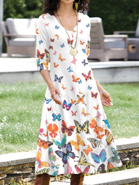 

Farfalla Stampare Scollo a V Maniche Lunghe Maxi Abito, Bianco, Maxi Dresses
