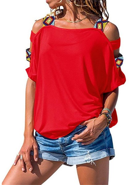 

Geometric Cold Shoulder Casual Short Sleeve Tee, Red, Tees