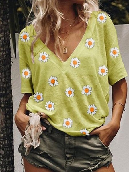 

V Neck Holiday Short Sleeve Shirts & Tops, Yellow, Printed T-shirts