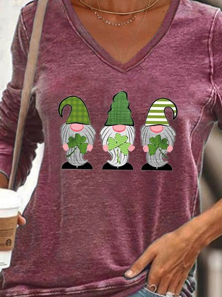 

St Patricks Day Gnome Long Sleeve V Neck Cotton-Blend Woman's Shirts & Tops, Purple, Hoodies&Sweatshirts