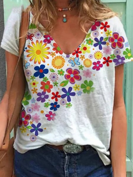 

Short Sleeve Casual Butterfly Printed Shirts & Tops, White, Printed T-shirts