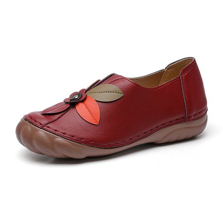 Flower ladies retro flower round head low-top shoes, Red, Flat & Loafers