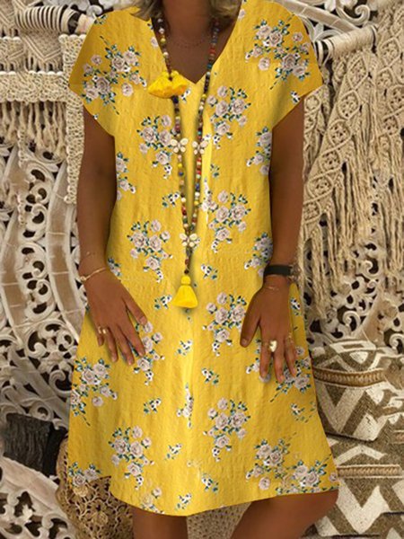 

Vintage Casual Printed V Neck Short Sleeve A-Line Dresses, Yellow, Dresses