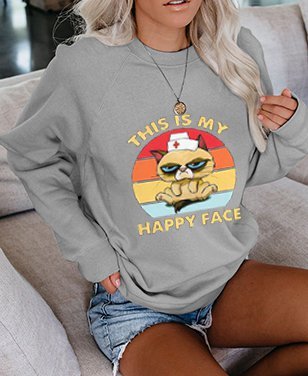 

THIS IS MY HAPPY FACE Casual Letter Crew Neck Shift Woman's Shirts & Tops, Gray, Hoodies&Sweatshirts