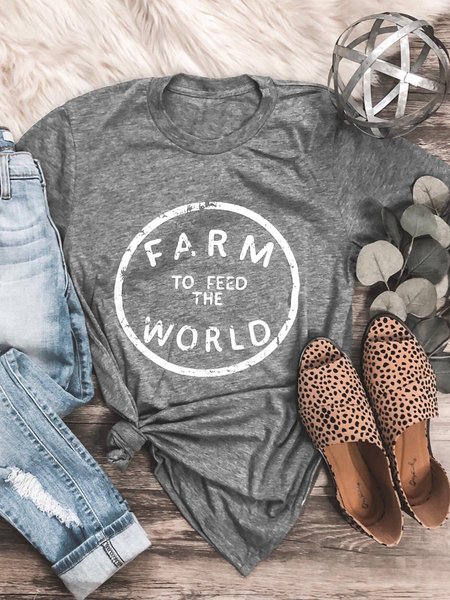 

Letter print round neck casual short-sleeved women's top, Gray, Tops