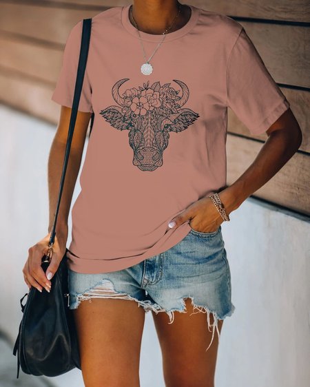 

Floral Cow Graphic Tee, Brick red, T-shirts