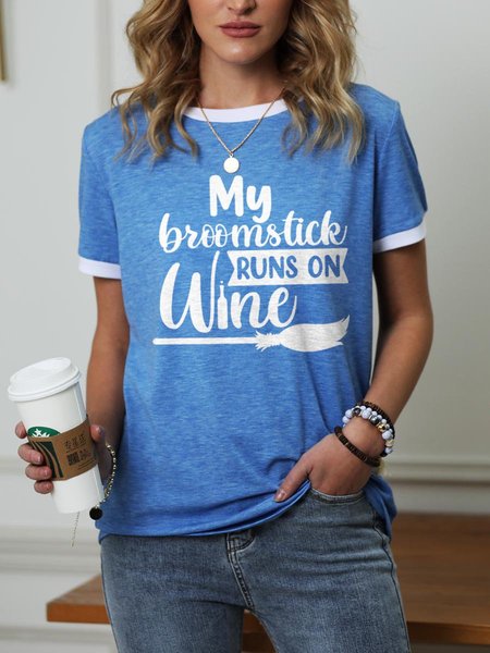 

My Broomstick Runs On Wine Graphic Round Neck Short Sleeve Tee, Blue, T-shirts
