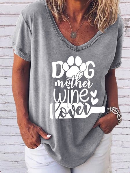 

DOG MOTHER WINE LOVER Shift Short Sleeve Cotton-Blend Woman's T-Shirts & Tops, Gray, T-shirts