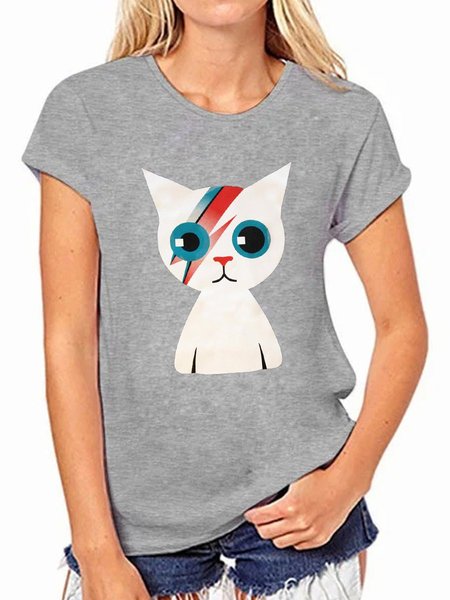 

BOWIE KITTY Short Sleeve Casual Woan's T-Shirts & Tops, Gray, T-shirts