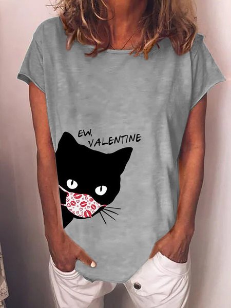 

Ew Valentine Quarantine Cat Shirt Crew Neck Casual Short Sleeve Woman's Shirts & Tops, Gray, T-shirts