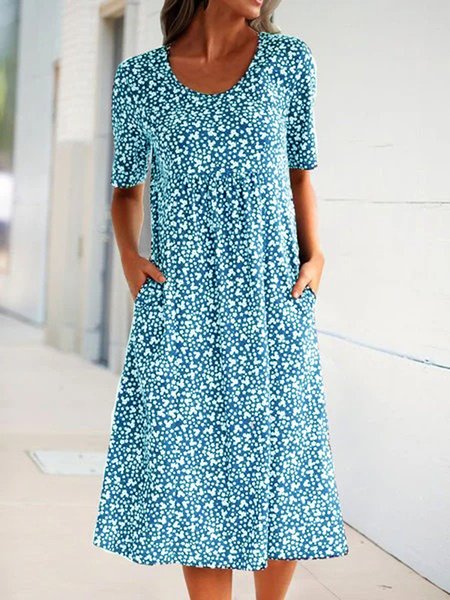 Abito Dritto Maniche Corte Floreale Girocollo, Azzurro, Dresses