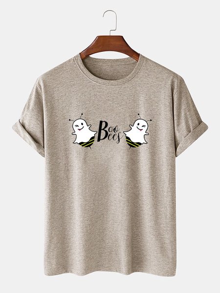 

Cartoon Printed Casual Tee Shirts & Tops, Light khaki, Men's t-shirts