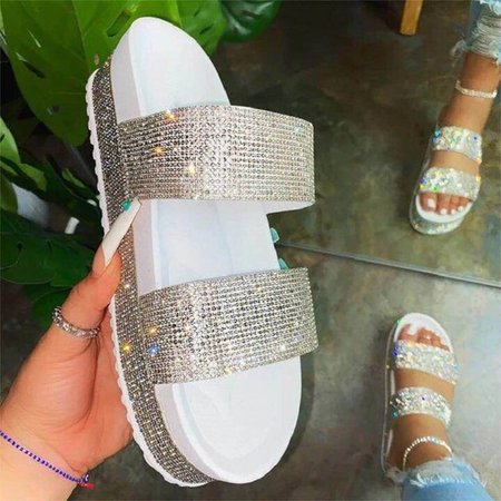 

Colored rhinestone chunky soles slippers fashion women's shoes, White, Sandals