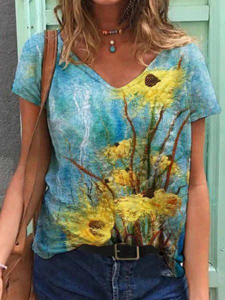 

Cotton-Blend V Neck Short Sleeve T-Shirts, As picture, T-Shirts