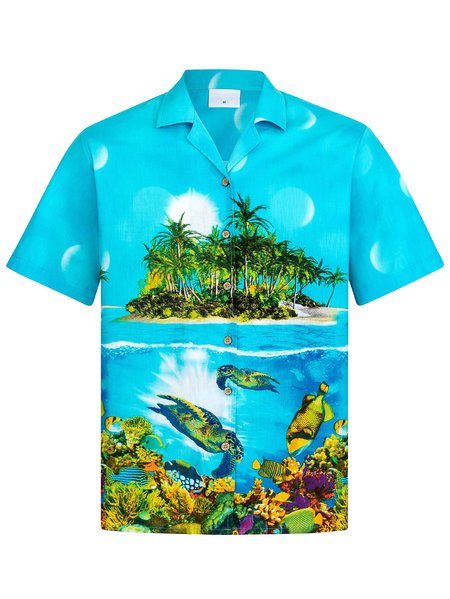 

Square Neck Cotton-Blend Shirts & Tops, Blue, Men's Floral shirt