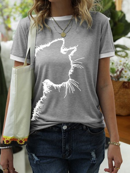 

Women's Cat Print Tee, Gray, T-shirts