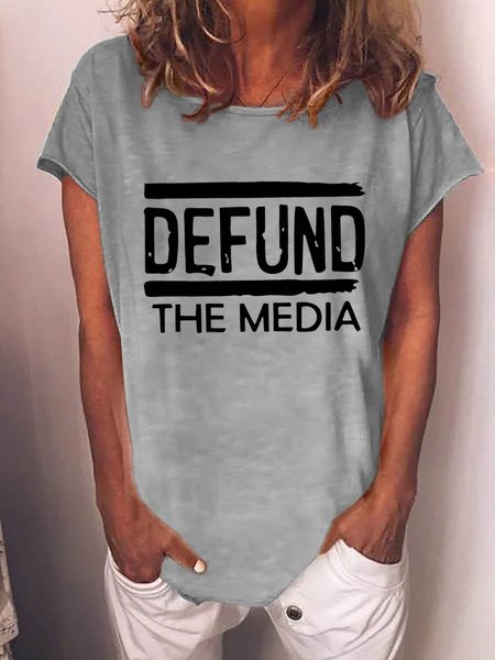 

Defund The Media Graphic Round Neck Short Sleeve Tee, Gray, T-shirts