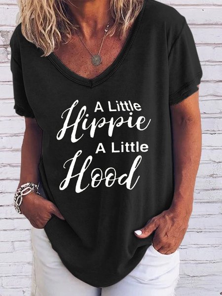

A LITTLE HIPPIE A LITTLE HOOD Letter Short Sleeve Casual Cotton-Blend Woman's Shirts & Tops, Black, T-shirts