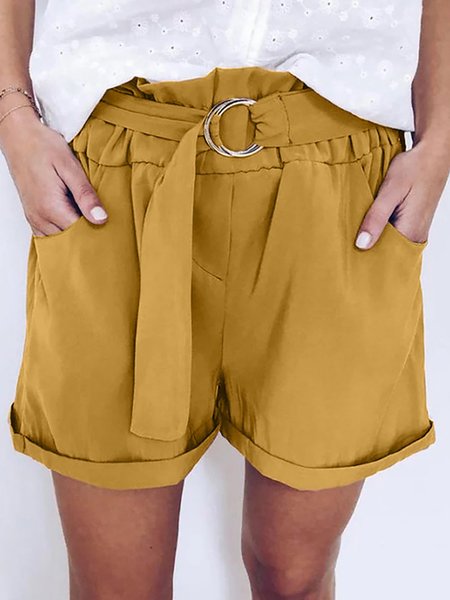 

Solido Casuale Cintura Allungare Casuale Alta Vita Largo Gamba Pantaloncini, Giallo, Shorts