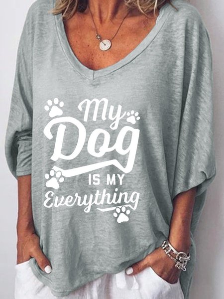 

My Dog Is My Everything Letter Graphic V-Neck Long Sleeve Top, Gray, T-shirts