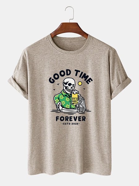 

Crew Neck Holiday Cartoon Men's Fashion Print Tee, Light khaki, Men's t-shirts
