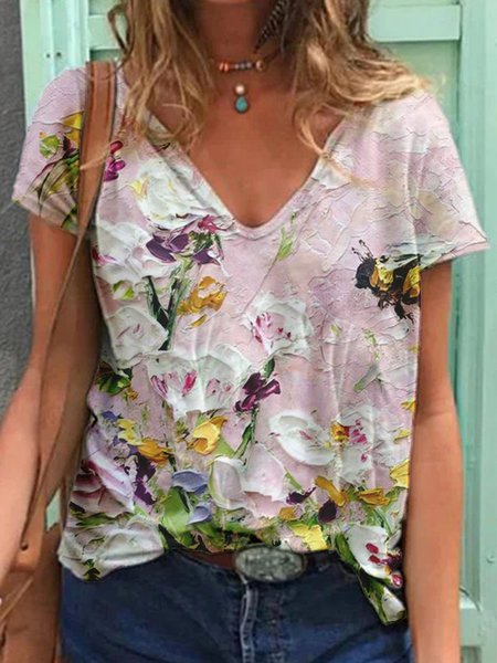 

Maniche Corte Casuale Floreale Scollo a V Superiore, Rosa, T-Shirts