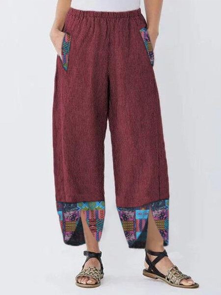 Women Tribal Graphic print loose casual straight-leg pants, Wine red, Pants