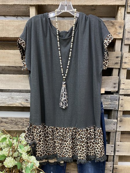 

Animal Print Sleeves Round Neck T-shirt, Gray, T-Shirts