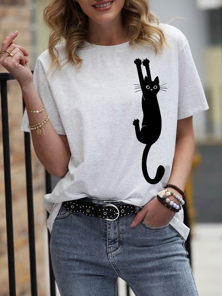 

Black Cat Holding On Essential Graphic Crew Neck Short Sleeve Tee, Light gray, T-shirts