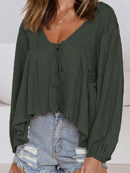 

Long Sleeve V Neck Solid Top, Gray, Blouses and Shirts