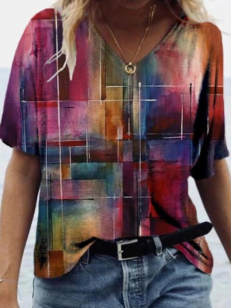 

Women Holiday Abstract Geometric V Neck Shift Short Sleeve Shirt, As picture, Tops