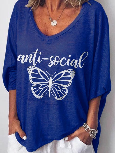 

Anti-Social Butterfly Graphic V-Neck Long Sleeve Top, Blue, Hoodies&Sweatshirts