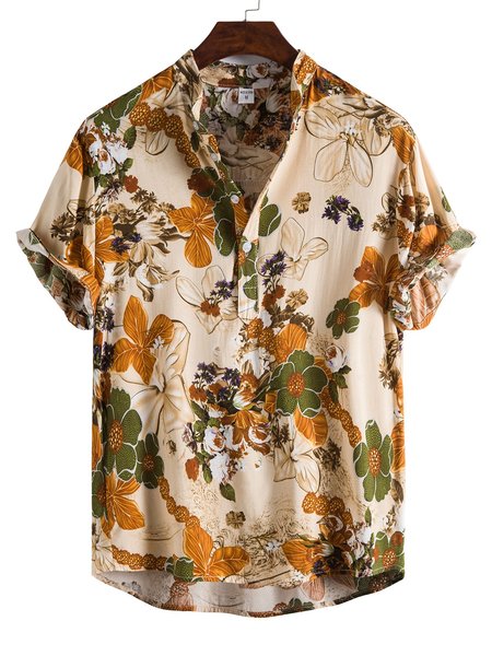 

Men's Stand Collar Vintage Shirts, Yellow, Short Sleeves Shirts