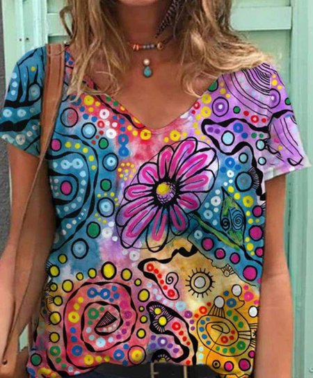 

Statement Short Sleeve V Neck Shirts & Tops, 4#, Printed T-shirts