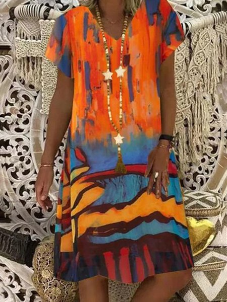

V Neck Basic Short Sleeve Abstract Weaving Dress, Orange, Dresses