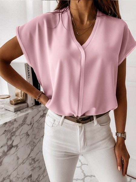 

Simple & Basic Short Sleeve V Neck Top, Pink, Blouses and Shirts