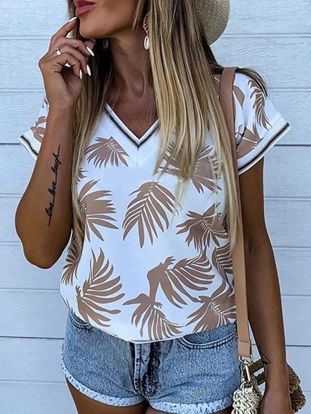 

V Neck Casual Cotton-Blend Shirts & Tops, White, Tops